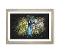 Dazzling Peacock Bird Paint Splash Framed Print | A2 Oak Framed Wall Art | Ready to Hang | Modern Animal Picture | Living Room Bedroom Lounge Office