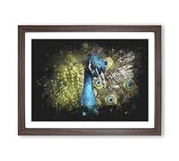 Dazzling Peacock Bird Paint Splash Modern Art Framed Print | A4 Walnut Framed Wall Art | Ready to Hang | Modern Animal Picture | Living Room Bedroom Lounge Office