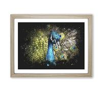Dazzling Peacock Bird Paint Splash Modern Art Framed Wall Art Print, Ready to Hang Picture for Living Room Bedroom Home Office Décor, Oak A2 (64 x 46 cm)