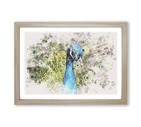 Dazzling Peacock Bird Watercolour Framed Print | A2 Oak Framed Wall Art | Ready to Hang | Modern Animal Picture | Living Room Bedroom Lounge Office