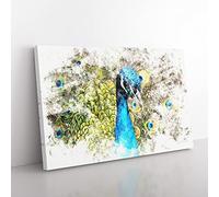 Dazzling Peacock Bird Watercolour Modern Canvas Wall Art Print Ready to Hang, Framed Picture for Living Room Bedroom Home Office Décor, 60x40 cm (24x16 Inch)