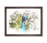 Dazzling Peacock Bird Watercolour Modern Framed Print | A3 Walnut Framed Wall Art | Ready to Hang | Modern Animal Picture | Living Room Bedroom Lounge Office