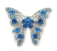 Dazzling Sky Blue Diamante Butterfly Brooch In Rhodium Plating - 6cm Length