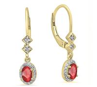 Dazzlingrock Collection 5X3mm Each Oval Lab Created Gemstone & Round Natural Diamond Women Dangling Drop Earrings, 14K Yellow Real Solid Gold, Created Ruby,Diamond,Gold, Created Ruby