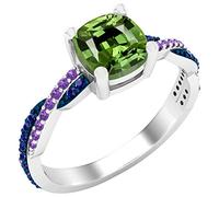 DazzlingRock Collection 6 mm Cushion Peridot & Round Blue Sapphire & Amethyst Women Swirl Engagement Ring, Sterling Silver, Size 7.5