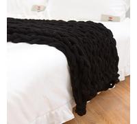 Dazzluxe Chunky Knit Blanket Throw, Soft Chenille Yarn, Handmade Thick Cable Knit Crochet, Large Throw Blanket for Couch Home Decor, Black, 100 * 120 cm