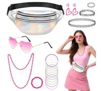 Dazzroi 18pcs 80s Fancy Dress Set, 80s Outfit for Women, 80s Accessories with Bum Bag Heart Glasses Pink Tattoo Chain 90s Heart Earrings Necklace Bracelet for Women Festival Party Outfit, Carnival