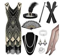 Dazzroi 1920s Flapper Accessories Set, Great Gatsby Costume Set Roaring 20's Theme Outfit with Sequin Fringed Beaded Dress Headband Gloves 20s Vintage Accessories for Women Ladies