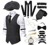Dazzroi 1920s Mens Costume, Roaring 20s Great Gastby Gangster Outfit with Vest Fedora Hat Pocket Watch Tie for Party Supplies