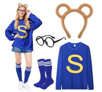 Dazzroi 4Pcs Chipmunks Costume Set for Adults, Chipmunk Fancy Dress Outfit with Long Sleeve Top, Chipmunks Headband, Glasses, Soccer Socks for World Book Day, Halloween Cosplay, Animal Themed Party