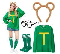 Dazzroi 4Pcs Chipmunks Costume Set for Adults, Chipmunk Fancy Dress Outfit with Long Sleeve Top, Chipmunks Headband, Glasses, Soccer Socks for World Book Day, Halloween Cosplay, Animal Themed Party