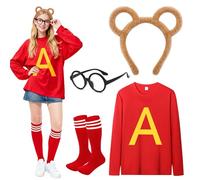 Dazzroi 4Pcs Chipmunks Costume Set for Adults, Chipmunk Fancy Dress Outfit with Long Sleeve Top, Chipmunks Headband, Glasses, Soccer Socks for World Book Day, Halloween Cosplay, Animal Themed Party