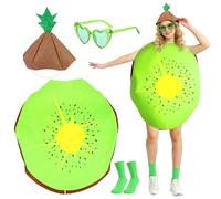 Dazzroi 4Pcs Kiwi Fruit Costume for Adults, Funny Fruit Fancy Dress Kit with Green Kiwi Costume Hat Heart Glasses Socks for Theme Party Dress Up Day Cosplay Halloween