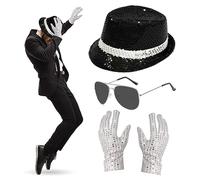 Dazzroi 4Pcs MJ Costume Accessories, 80s Dancer Rocker Star Cosplay Set with Jazz Sequin Hat Gloves Silver Framed Sunglasses, King of Pop Fancy Dress Set for 80 Theme Party Carnival Dance Party