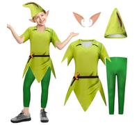 Dazzroi 4PCS Peter_Pan Costumes Set, Classic Character's Dress Up Costumes Set with Tunic Top, Trousers, Elf Ears, Hat, Fancy Dress Costume for World Book Day Halloween Cosplay Dress Up Day