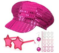 Dazzroi 4Pcs Rose Red Abba Accessories for Women, Retro Abba Accessories Set with Glitter Sequin Hat Star Sunglasses Earrings Stickers, Vintage Disco Hat Set for Dance Party Music Festivals