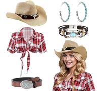Dazzroi 5 Pcs Cowgirl Outfits for Women Western Hippie Costume Set with Cowgirl Hats Earrings Belt Bracelet Shirt (Red, L)
