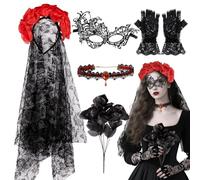 Dazzroi 5Pcs Halloween Gothic Bride Costumes Accessories Set for Women, Bride Costume Accessories with Rose for Halloween Party