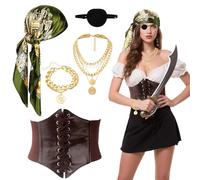 Dazzroi 5Pcs Pirate Costume Accessories Set, Pirate Fancy Dress Kit with Headscarf, Eye Patch, Necklace, Bracelet, Medieval Corset for Women Masquerade Dress Up Day Halloween Carnival