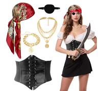 Dazzroi 5Pcs Pirate Costume Accessories Set, Pirate Fancy Dress Kit with Headscarf, Eye Patch, Necklace, Bracelet, Medieval Corset for Women Masquerade Dress Up Day Halloween Carnival