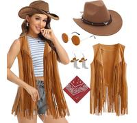 Dazzroi 5Pcs Western Cowgirl Accessories Set for Women, 70s Hippy Fancy Dress Kit with Cowboy Hat Tassel Vest Round Sunglasses Earrings Scarf, Retro Hippie Outfits for Hippie Theme Party Carnival
