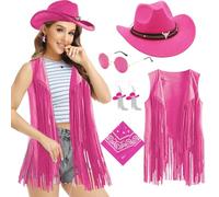 Dazzroi 5Pcs Western Cowgirl Accessories Set for Women, 70s Hippy Fancy Dress Kit with Cowboy Hat Tassel Vest Round Sunglasses Earrings Scarf, Retro Hippie Outfits for Hippie Theme Party Carnival