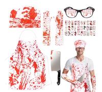 Dazzroi 6 Pcs Halloween Bloody Butcher Costumes, Horror Butcher Fancy Dress Kit with Bloody Apron Chef Headband Gloves Glasses Fake Knife Scar Tattoo Stickers for Halloween Cosplay Party