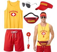 Dazzroi 6pcs Lifeguard Costume Set, Guard Accessories Kit with Yellow Vest Hat Waist Bag Sunglasses Whistle Beach Patrol Fancy Dress Outfit for Adults Pool Party Halloween Cosplay Festival Events