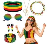 Dazzroi 6Pcs Rasta Reggae Costume Accessories Set, Jamaican Fancy Dress Kit with Headband Sunglasses Earrings Bracelet Necklace Waist Chain for Halloween Carnival Festival Themed Party