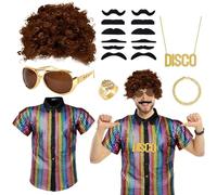 Dazzroi 7 Pcs Disco Costume Set for Men, 70s Disco Outfit Costume with Shiny Rainbow Short Sleeve Shirt, Afro Hippy Wig, Necklace, Bracelet, Ring, Fake Mustache, Sunglasses for Disco Party Halloween