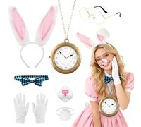 Dazzroi 7Pcs Easter Rabbit Costume Accessories, Cute White Rabbit Costume Set with Bunny Ears Headband Nose Tail Sunglasses Bow Tie Clock Gloves for Easter Cosplay Party Carnival
