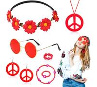 Dazzroi 7Pcs Hippie Costume Accessories for Women, 60s 70s Dressing Accessories Set with Plastic Necklace Earring Flower Headband Bracelet Ring Sunglasses Retro Deco for Dress Up (red)
