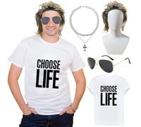 Dazzroi 80s Pop Singer Costume Accessories Set for Adults, 4Pcs Singer Fancy Dress Kit with White T-shirt, Wig, Sunglasses, Cross Necklace for 1980s Party Retro Theme Party