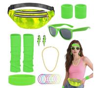 Dazzroi 8pcs 80s Costume Accessories Set for Women, Fancy Dress Set with Green Waist Bag Headband Wristband Glasses Earrings Gold Necklace Luminous Bracelet Leg Warmers for Festival Party Carnival