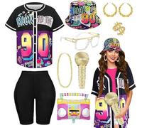 Dazzroi 9pcs 90s Hip Hop Outfits Accessories Set for Adults, Rapper Rocker Fancy Dress Kit with Hat Shirt Glasses Inflatable Radio Microphone for Disco Theme Party
