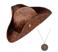 Dazzroi Brown Pirate Hat for Adults, 2Pcs Pirates Costume Accessories Set with Brown Tricorn Hat Bronze Necklace, Medieval Colonial Style Pirate Accessories for Cosplay Party Dress Up Day