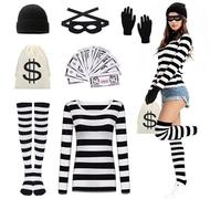 DAZZTIME Robber Costume, Burglar Costume, Women's Robber Costume Set, Women's Robber Costume Set, Halloween Costume Set for Robbers for Adults, T-Shirt, Hat, Gloves, for Carnival, Fancy Dress, Theme