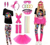 DAZZTIME Women's 80s Outfit, Women's 80s Workout Costume, 80s Accessories, 90s Outfit, with Bum Bag, Headband, Leg Warmer, for Carnival, Halloween, Fancy Dress, Theme Party