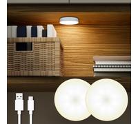 DAZZY DOT Rechargeable Puck Lights 2 Pack, Magnetic Tap Light 1000mAh Battery Powered, Warm Yellow, Dimmable Touch Light Stick on for Closet, Locker, Cabinet, Bedside, Kitchen