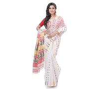 dB DESH BIDESH Women`s Queen of Diamond Resham Dhakai Jamdani Bengal Pure Cotton Handloom Saree 5.5 Mtr, White Red Yellow Green, 5.5 Mtr