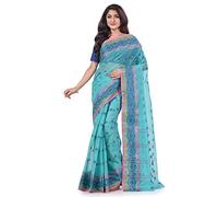dB DESH BIDESH Women`s Traditional Bengal Tant Tri Leaf Woven Design Pure Handloom Cotton Saree Without Blouse Piece 5.6 Mtr, Firoza, 5.6 Mtr