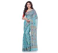 dB DESH BIDESH Women`s Zari Karat Resham Dhakai jamdani Bengal Pure Cotton Handloom Saree Whole Body Design without Blouse Piece, Firoza, 5.5 Mtr