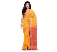 dB DESH BIDESH Women's Pure Soft Cotton Handloom Saree Wedding Party, Khadi Polka Dot Silk Daily, Wear Winter Farewell Sarees Kanjivaram Zari Border for Women (Yellow Pink)