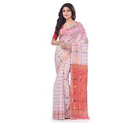 dB DESH BIDESH Women's Zari Karat Resham Dhakai jamdani Bengal Pure Cotton Handloom Saree Whole Body Design without Blouse Piece (White Red)