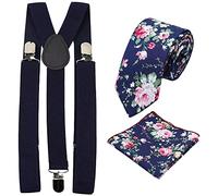 DB Dickie Bow Men's Braces (Navy Blue) with Luxury Cotton Skinny Tie & Pocket Square Set (Blue Floral) - suitable for formalwear, office, weddings, parties, grooms & groomsmen outfits