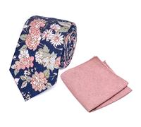DB Dickie Bow Men's Floral Luxury Cotton Skinny Neck Tie & Pocket Square Set (Blue & Pink Floral and Dusty Pink) - suitable for formalwear, office, weddings, parties, grooms & groomsmen outfits