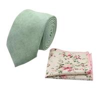 DB Dickie Bow Men's Luxury Cotton Blend Skinny Neck Tie & Pocket Square Set (Sage Green and Cream Floral) - - suitable for formalwear, office, weddings, parties, grooms & groomsmen outfits