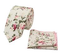DB Dickie Bow Men's Luxury Cotton Skinny Neck Tie & Pocket Square Set (Cream Floral) - suitable for formalwear, office, weddings, parties, grooms & groomsmen outfits