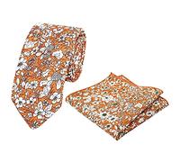 DB Dickie Bow Men's Luxury Cotton Skinny Neck Tie & Pocket Square Set (Orange Floral) - suitable for formalwear, office, weddings, parties, grooms & groomsmen outfits