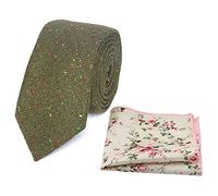 DB Dickie Bow Men's Luxury Wool Skinny Neck Tie & Pocket Square Set (Olive Green and Cream Floral) - suitable for formalwear, office, weddings, parties, grooms & groomsmen outfits
